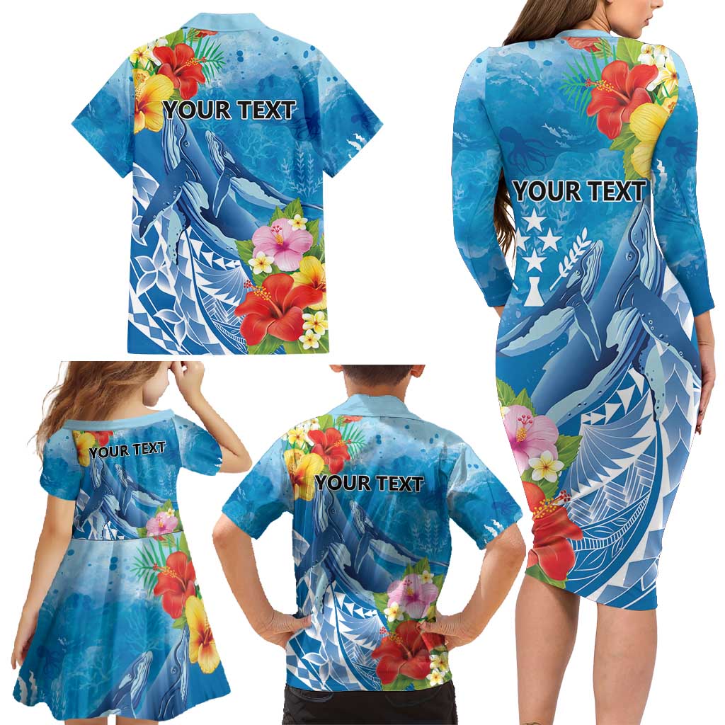 Personalised Kosrae States Humpback Whale Family Matching Long Sleeve Bodycon Dress and Hawaiian Shirt Polynesian Tropical Flowers LT9 - Polynesian Pride
