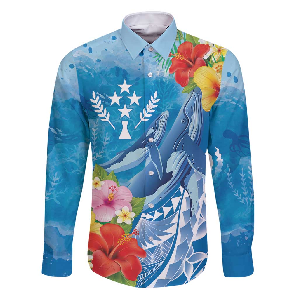 Personalised Kosrae States Humpback Whale Family Matching Long Sleeve Bodycon Dress and Hawaiian Shirt Polynesian Tropical Flowers LT9 Dad's Shirt - Long Sleeve Blue - Polynesian Pride