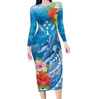 Personalised Kosrae States Humpback Whale Family Matching Long Sleeve Bodycon Dress and Hawaiian Shirt Polynesian Tropical Flowers LT9 Mom's Dress Blue - Polynesian Pride