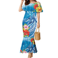 Personalised Kosrae States Humpback Whale Family Matching Mermaid Dress and Hawaiian Shirt Polynesian Tropical Flowers LT9 Mom's Dress Blue - Polynesian Pride