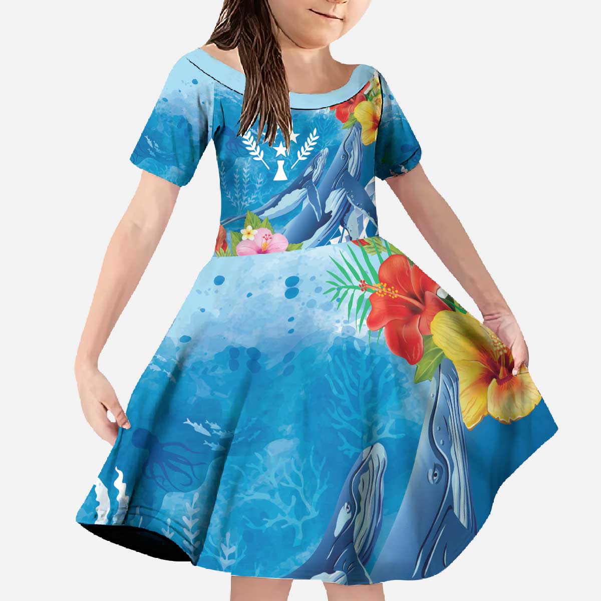 Personalised Kosrae States Humpback Whale Family Matching Off The Shoulder Long Sleeve Dress and Hawaiian Shirt Polynesian Tropical Flowers LT9 Daughter's Dress Blue - Polynesian Pride