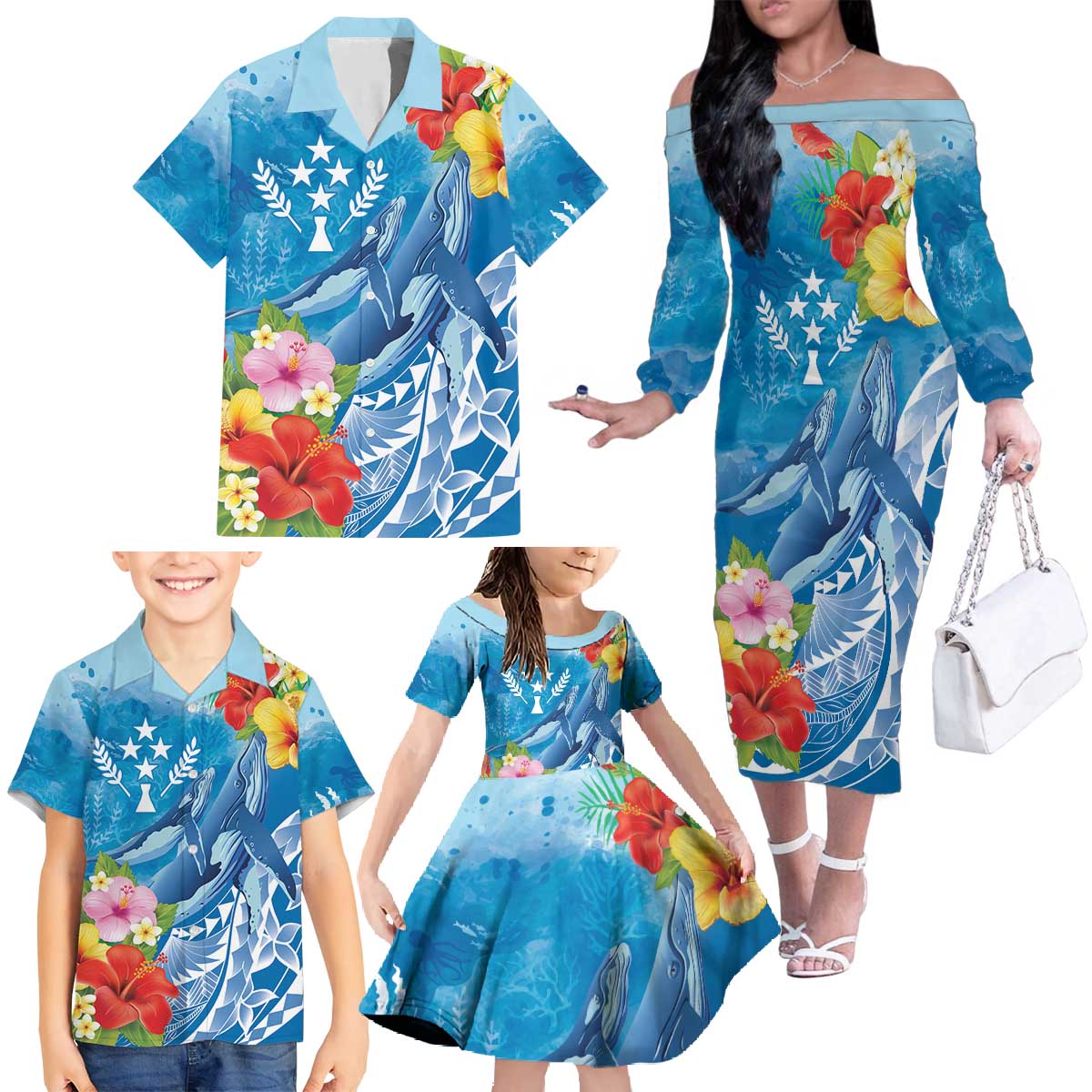 Personalised Kosrae States Humpback Whale Family Matching Off The Shoulder Long Sleeve Dress and Hawaiian Shirt Polynesian Tropical Flowers LT9 - Polynesian Pride