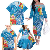 Personalised Kosrae States Humpback Whale Family Matching Off The Shoulder Long Sleeve Dress and Hawaiian Shirt Polynesian Tropical Flowers LT9 - Polynesian Pride