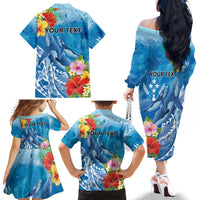 Personalised Kosrae States Humpback Whale Family Matching Off The Shoulder Long Sleeve Dress and Hawaiian Shirt Polynesian Tropical Flowers LT9 - Polynesian Pride