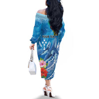 Personalised Kosrae States Humpback Whale Family Matching Off The Shoulder Long Sleeve Dress and Hawaiian Shirt Polynesian Tropical Flowers LT9 - Polynesian Pride