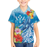 Personalised Kosrae States Humpback Whale Family Matching Off The Shoulder Long Sleeve Dress and Hawaiian Shirt Polynesian Tropical Flowers LT9 Son's Shirt Blue - Polynesian Pride