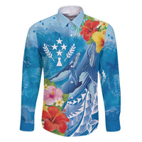 Personalised Kosrae States Humpback Whale Family Matching Off Shoulder Maxi Dress and Hawaiian Shirt Polynesian Tropical Flowers LT9 Dad's Shirt - Long Sleeve Blue - Polynesian Pride