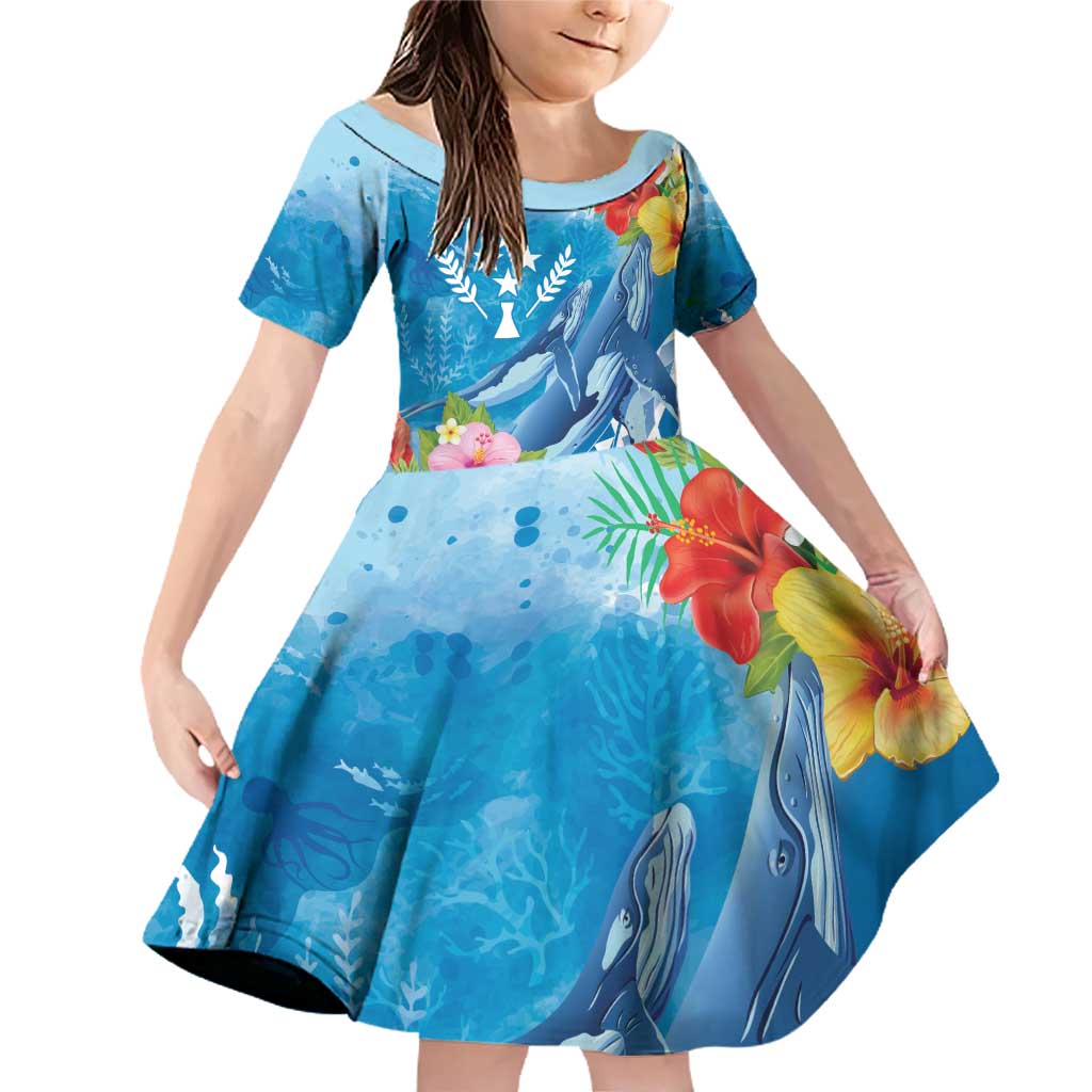Personalised Kosrae States Humpback Whale Family Matching Off Shoulder Short Dress and Hawaiian Shirt Polynesian Tropical Flowers LT9 Daughter's Dress Blue - Polynesian Pride
