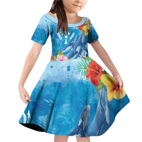 Personalised Kosrae States Humpback Whale Family Matching Off Shoulder Short Dress and Hawaiian Shirt Polynesian Tropical Flowers LT9 Daughter's Dress Blue - Polynesian Pride