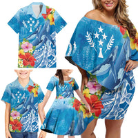 Personalised Kosrae States Humpback Whale Family Matching Off Shoulder Short Dress and Hawaiian Shirt Polynesian Tropical Flowers LT9 - Polynesian Pride