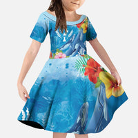 Personalised Kosrae States Humpback Whale Family Matching Short Sleeve Bodycon Dress and Hawaiian Shirt Polynesian Tropical Flowers LT9 Daughter's Dress Blue - Polynesian Pride