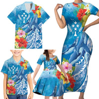Personalised Kosrae States Humpback Whale Family Matching Short Sleeve Bodycon Dress and Hawaiian Shirt Polynesian Tropical Flowers LT9 - Polynesian Pride