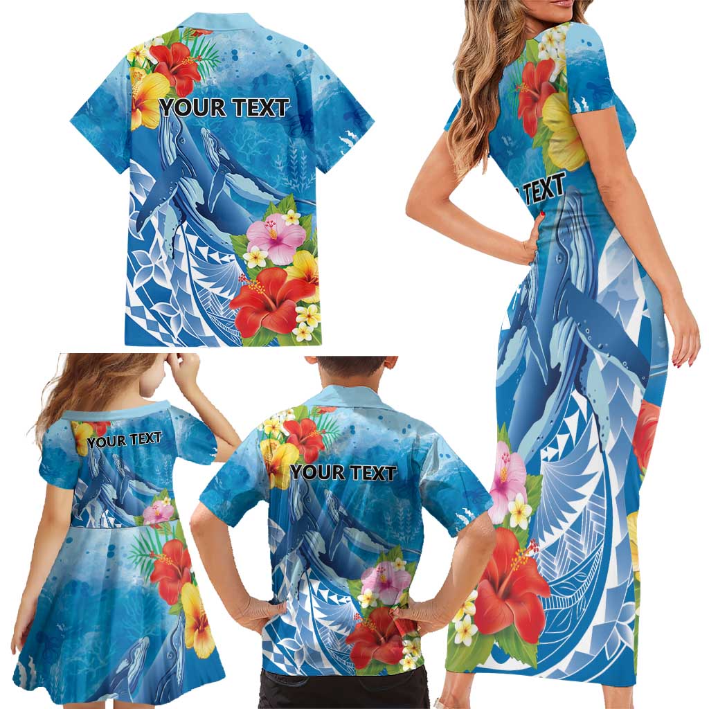 Personalised Kosrae States Humpback Whale Family Matching Short Sleeve Bodycon Dress and Hawaiian Shirt Polynesian Tropical Flowers LT9 - Polynesian Pride