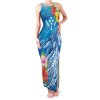 Personalised Kosrae States Humpback Whale Family Matching Tank Maxi Dress and Hawaiian Shirt Polynesian Tropical Flowers LT9 Mom's Dress Blue - Polynesian Pride
