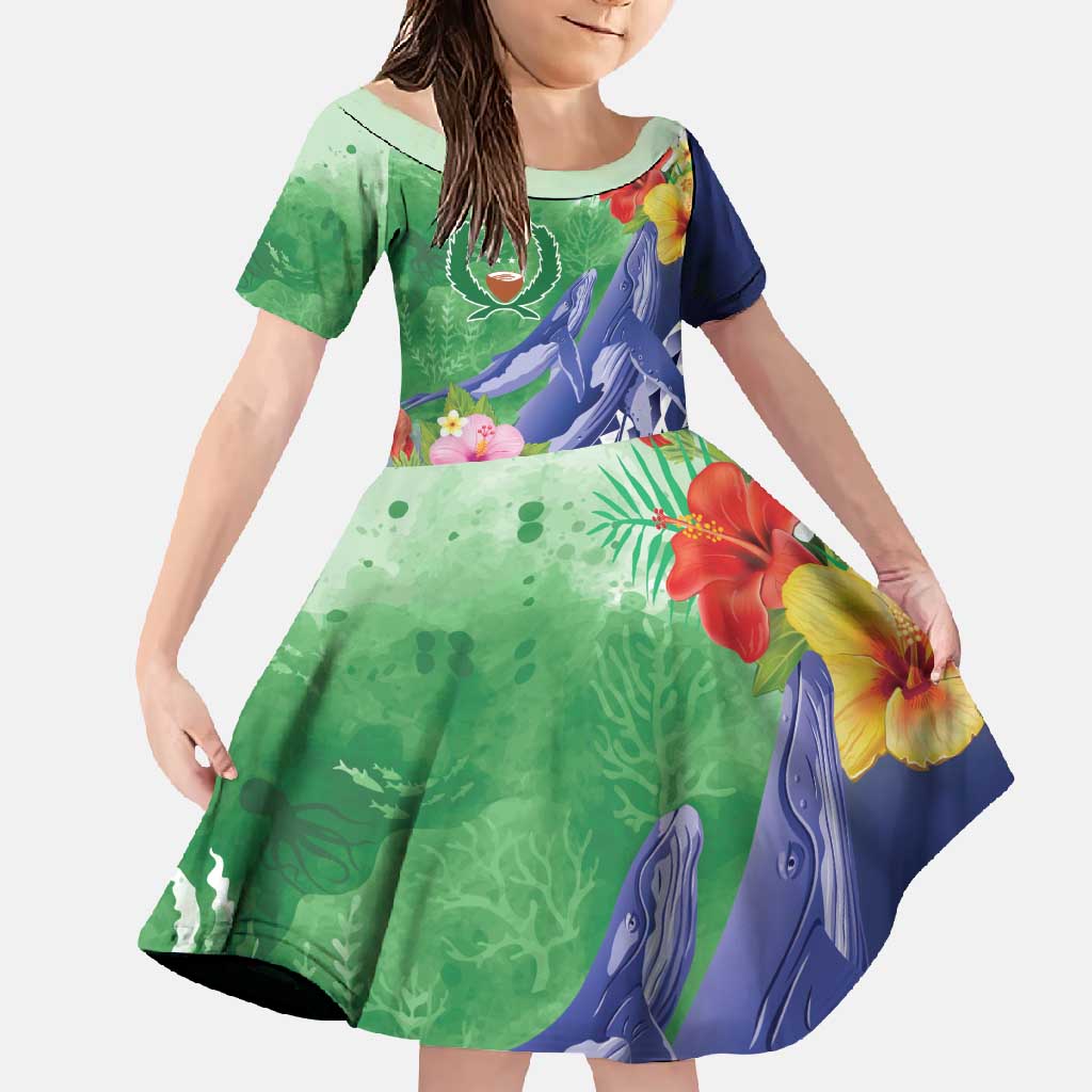 Personalised Pohnpei States Humpback Whale Family Matching Long Sleeve Bodycon Dress and Hawaiian Shirt Polynesian Tropical Flowers LT9 Daughter's Dress Blue - Polynesian Pride