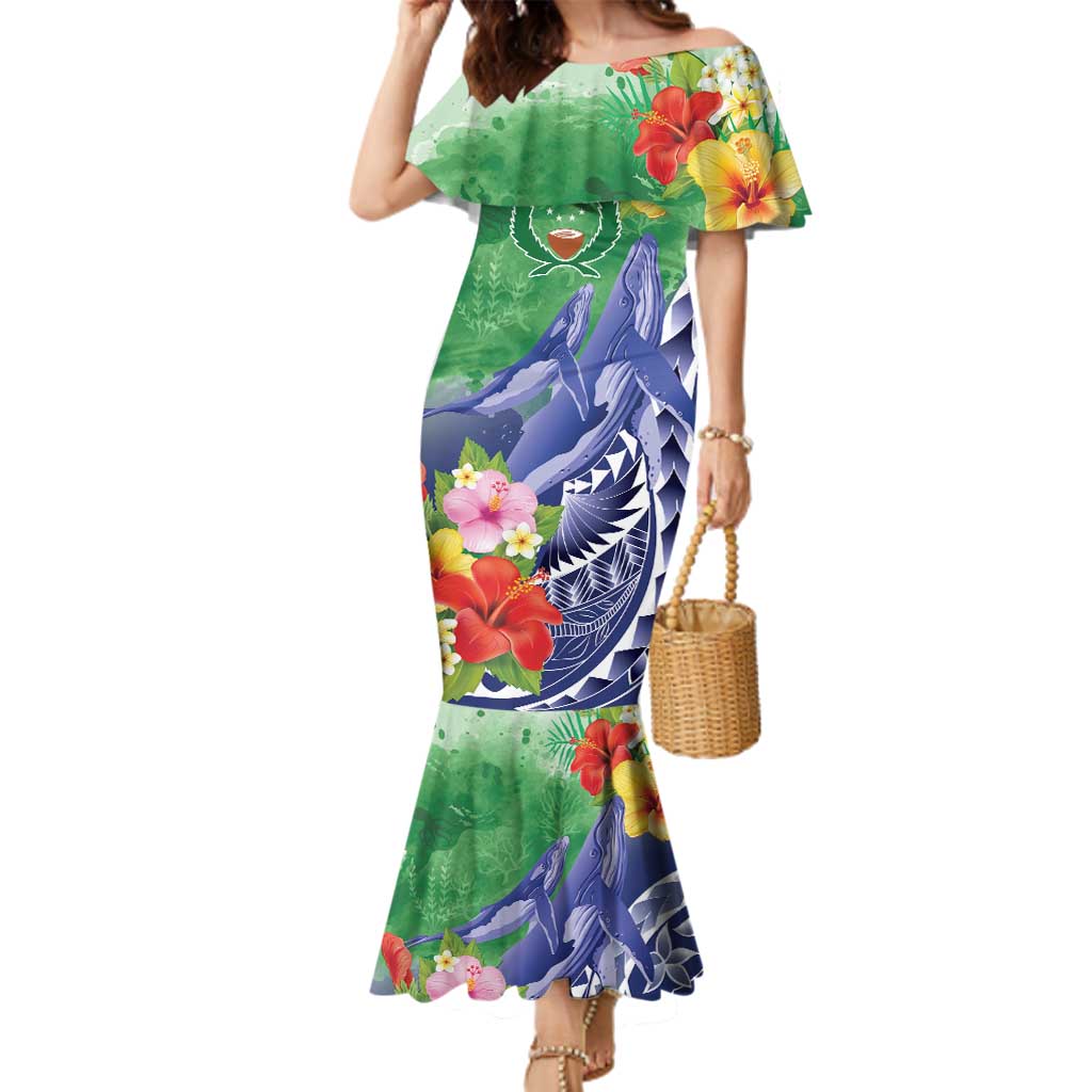 Personalised Pohnpei States Humpback Whale Family Matching Mermaid Dress and Hawaiian Shirt Polynesian Tropical Flowers LT9 Mom's Dress Blue - Polynesian Pride