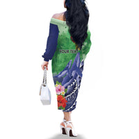 Personalised Pohnpei States Humpback Whale Family Matching Off The Shoulder Long Sleeve Dress and Hawaiian Shirt Polynesian Tropical Flowers LT9 - Polynesian Pride