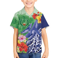 Personalised Pohnpei States Humpback Whale Family Matching Off The Shoulder Long Sleeve Dress and Hawaiian Shirt Polynesian Tropical Flowers LT9 Son's Shirt Blue - Polynesian Pride