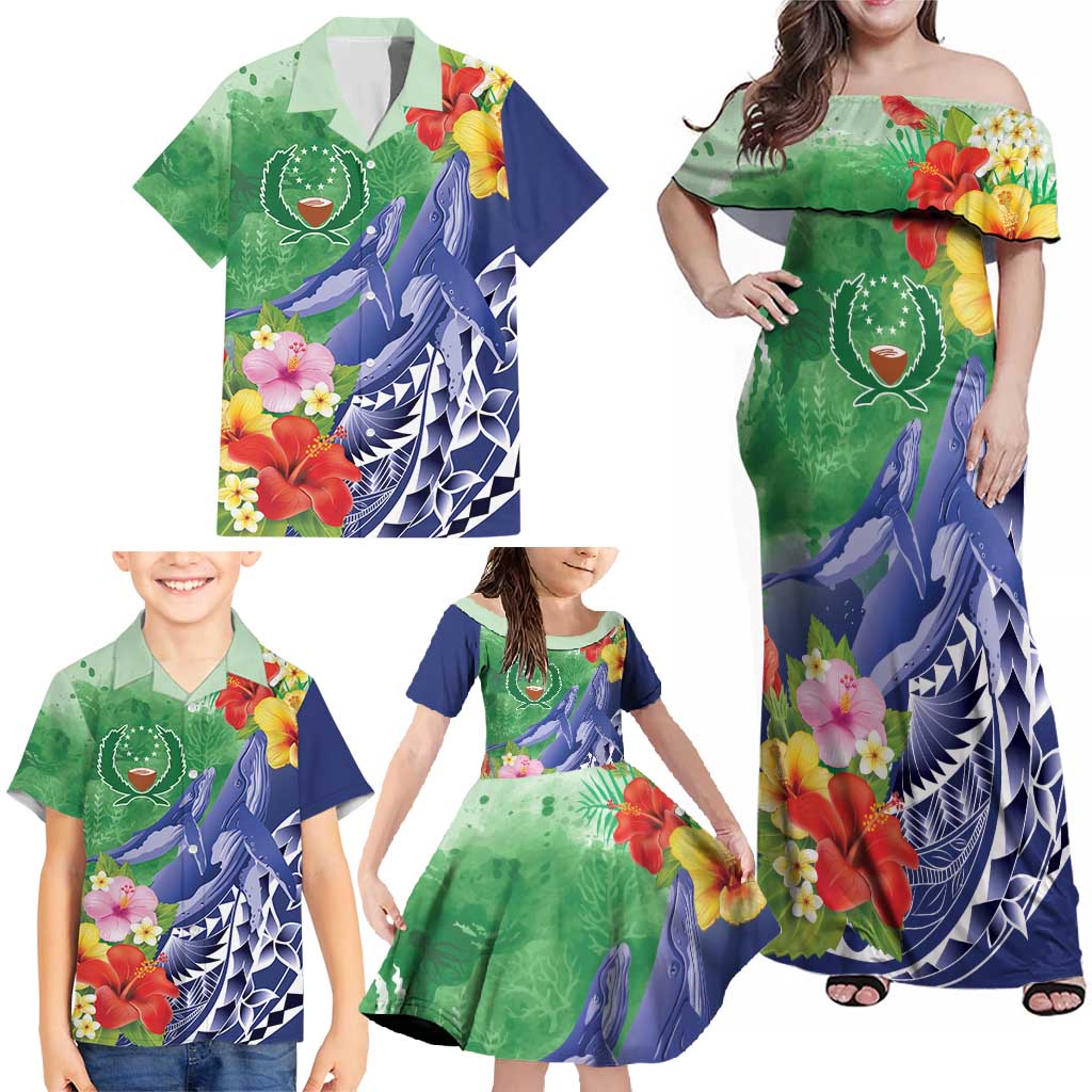 Personalised Pohnpei States Humpback Whale Family Matching Off Shoulder Maxi Dress and Hawaiian Shirt Polynesian Tropical Flowers LT9 - Polynesian Pride