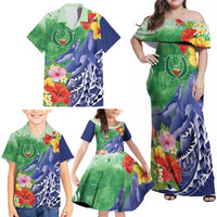 Personalised Pohnpei States Humpback Whale Family Matching Off Shoulder Maxi Dress and Hawaiian Shirt Polynesian Tropical Flowers LT9 - Polynesian Pride