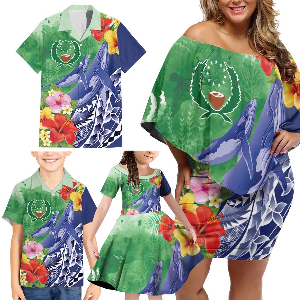 Personalised Pohnpei States Humpback Whale Family Matching Off Shoulder Short Dress and Hawaiian Shirt Polynesian Tropical Flowers LT9 - Polynesian Pride