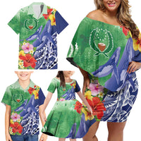 Personalised Pohnpei States Humpback Whale Family Matching Off Shoulder Short Dress and Hawaiian Shirt Polynesian Tropical Flowers LT9 - Polynesian Pride