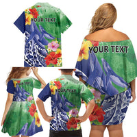 Personalised Pohnpei States Humpback Whale Family Matching Off Shoulder Short Dress and Hawaiian Shirt Polynesian Tropical Flowers LT9 - Polynesian Pride