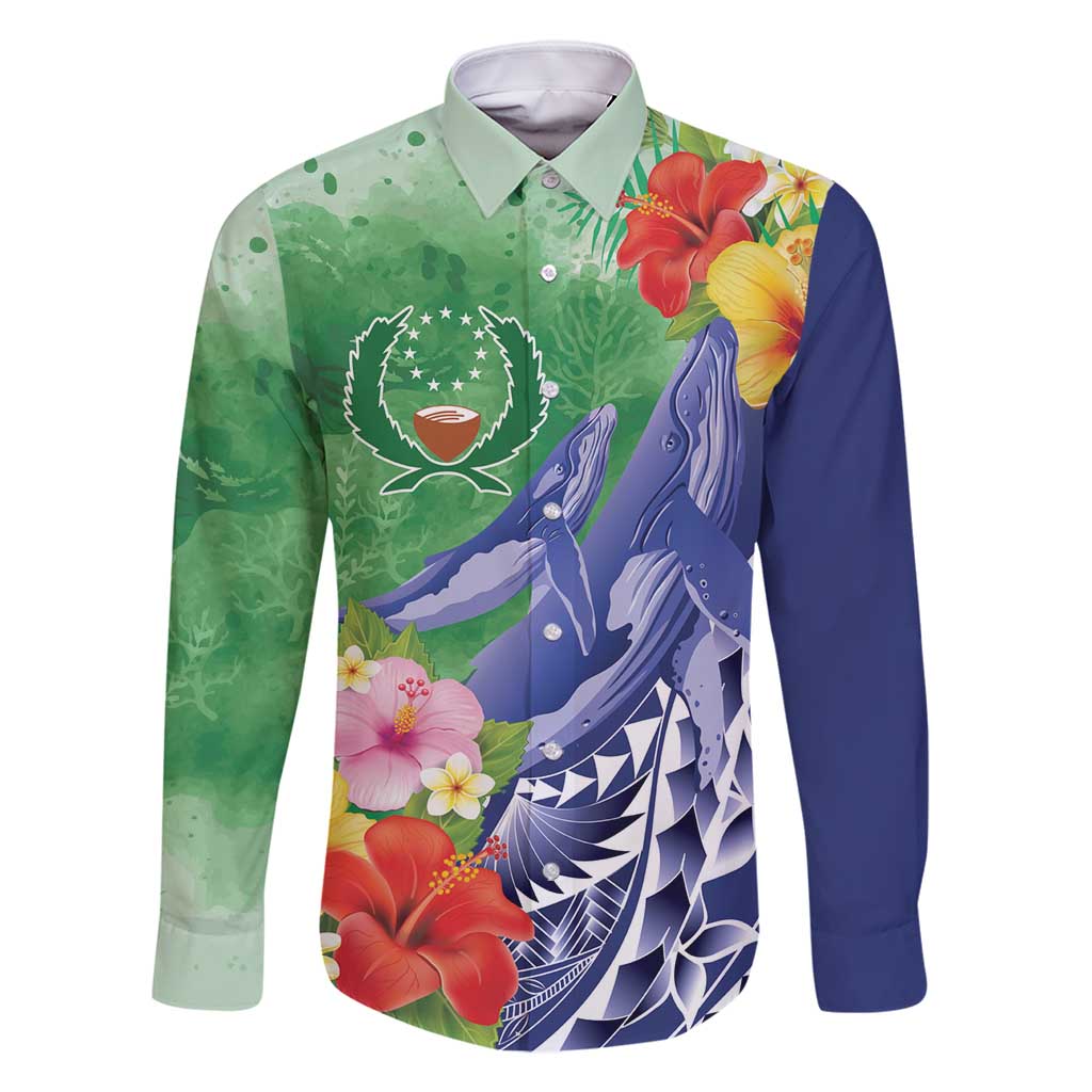 Personalised Pohnpei States Humpback Whale Family Matching Off Shoulder Short Dress and Hawaiian Shirt Polynesian Tropical Flowers LT9 Dad's Shirt - Long Sleeve Blue - Polynesian Pride