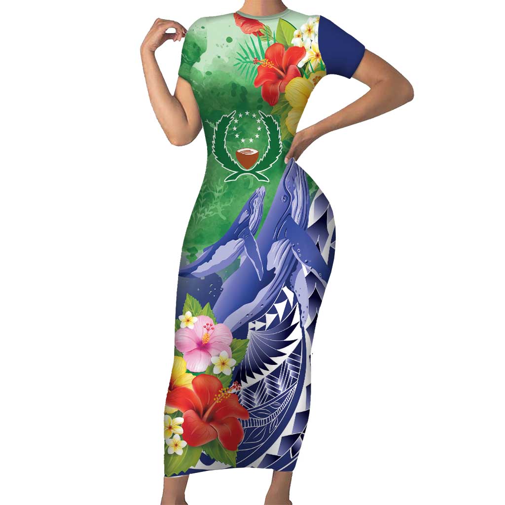 Personalised Pohnpei States Humpback Whale Family Matching Short Sleeve Bodycon Dress and Hawaiian Shirt Polynesian Tropical Flowers LT9 Mom's Dress Blue - Polynesian Pride