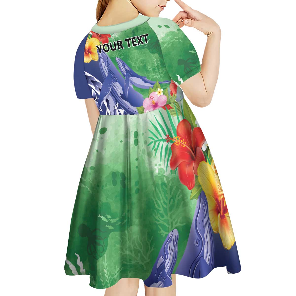 Personalised Pohnpei States Humpback Whale Kid Short Sleeve Dress Polynesian Tropical Flowers LT9 - Polynesian Pride
