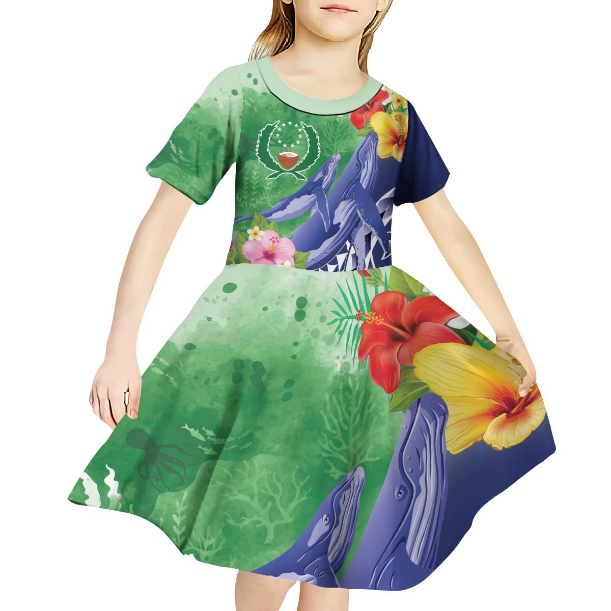 Personalised Pohnpei States Humpback Whale Kid Short Sleeve Dress Polynesian Tropical Flowers LT9 - Polynesian Pride