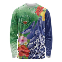 Personalised Pohnpei States Humpback Whale Long Sleeve Shirt Polynesian Tropical Flowers LT9 Unisex Blue - Polynesian Pride