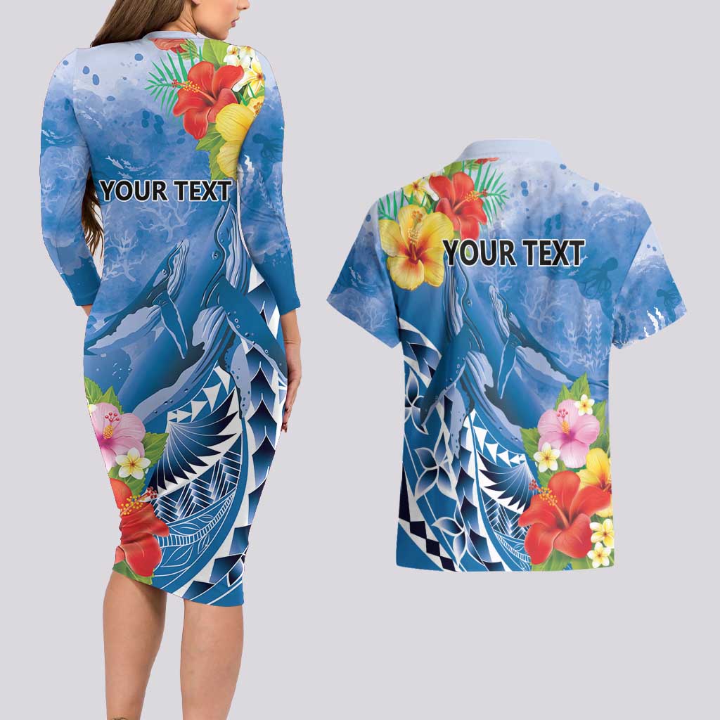 Personalised Yap States Humpback Whale Couples Matching Long Sleeve Bodycon Dress and Hawaiian Shirt Polynesian Tropical Flowers LT9 - Polynesian Pride