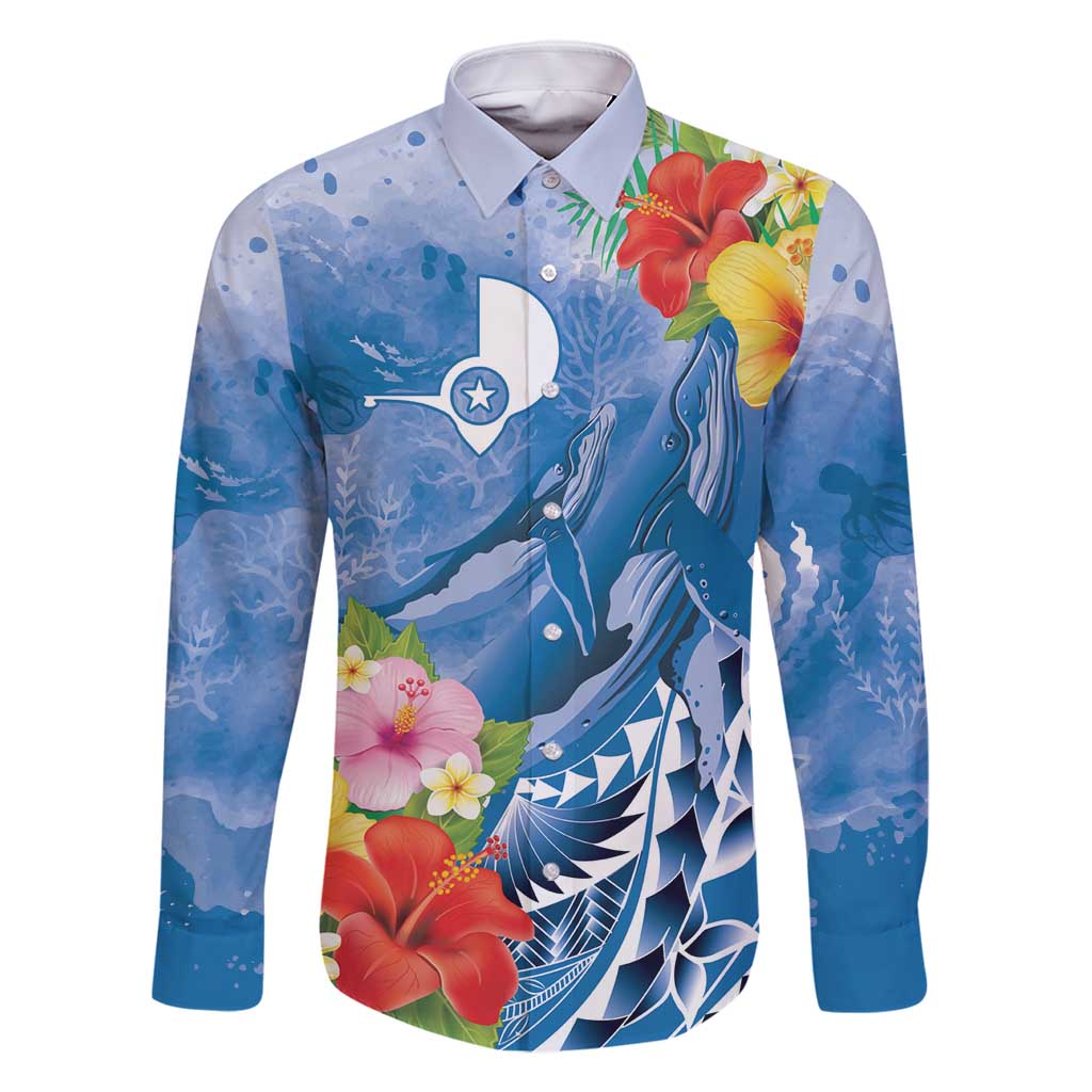 Personalised Yap States Humpback Whale Family Matching Long Sleeve Bodycon Dress and Hawaiian Shirt Polynesian Tropical Flowers LT9 Dad's Shirt - Long Sleeve Blue - Polynesian Pride