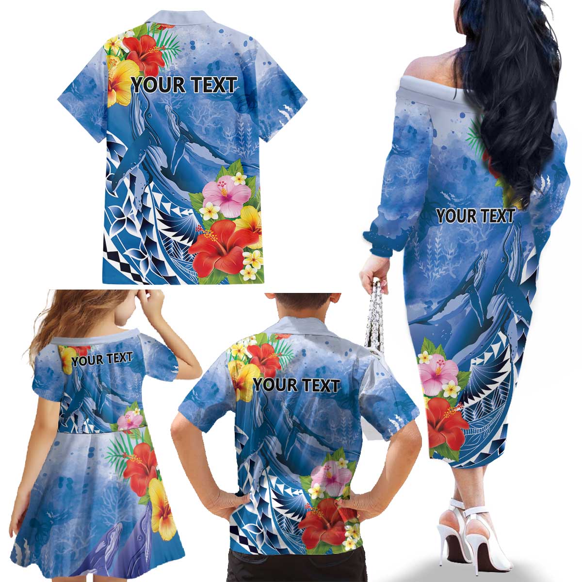 Personalised Yap States Humpback Whale Family Matching Off The Shoulder Long Sleeve Dress and Hawaiian Shirt Polynesian Tropical Flowers LT9 - Polynesian Pride