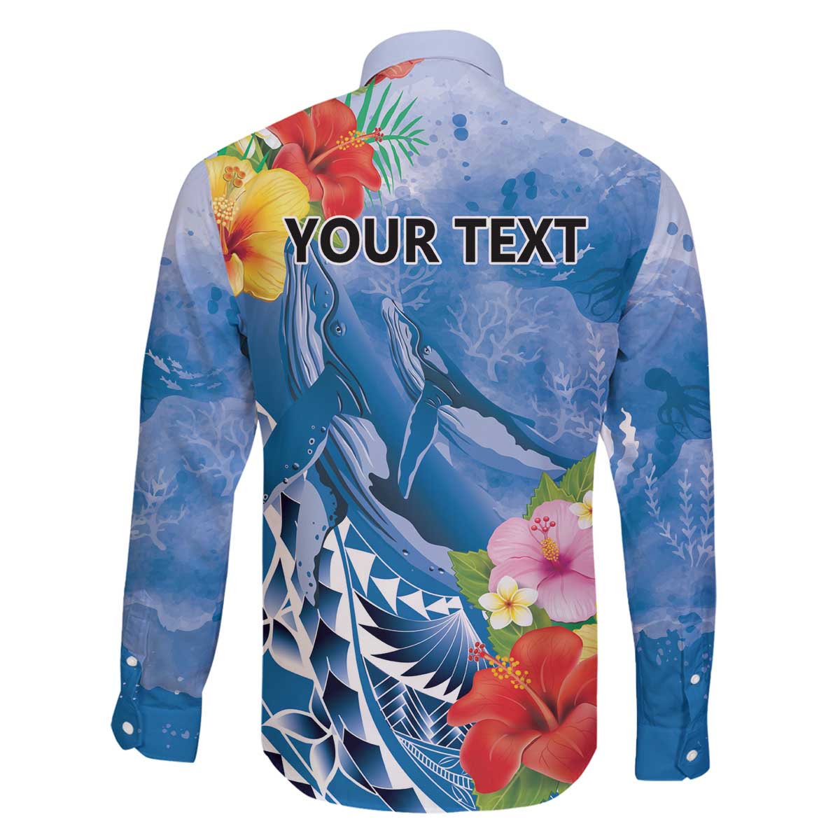 Personalised Yap States Humpback Whale Family Matching Off The Shoulder Long Sleeve Dress and Hawaiian Shirt Polynesian Tropical Flowers LT9 - Polynesian Pride