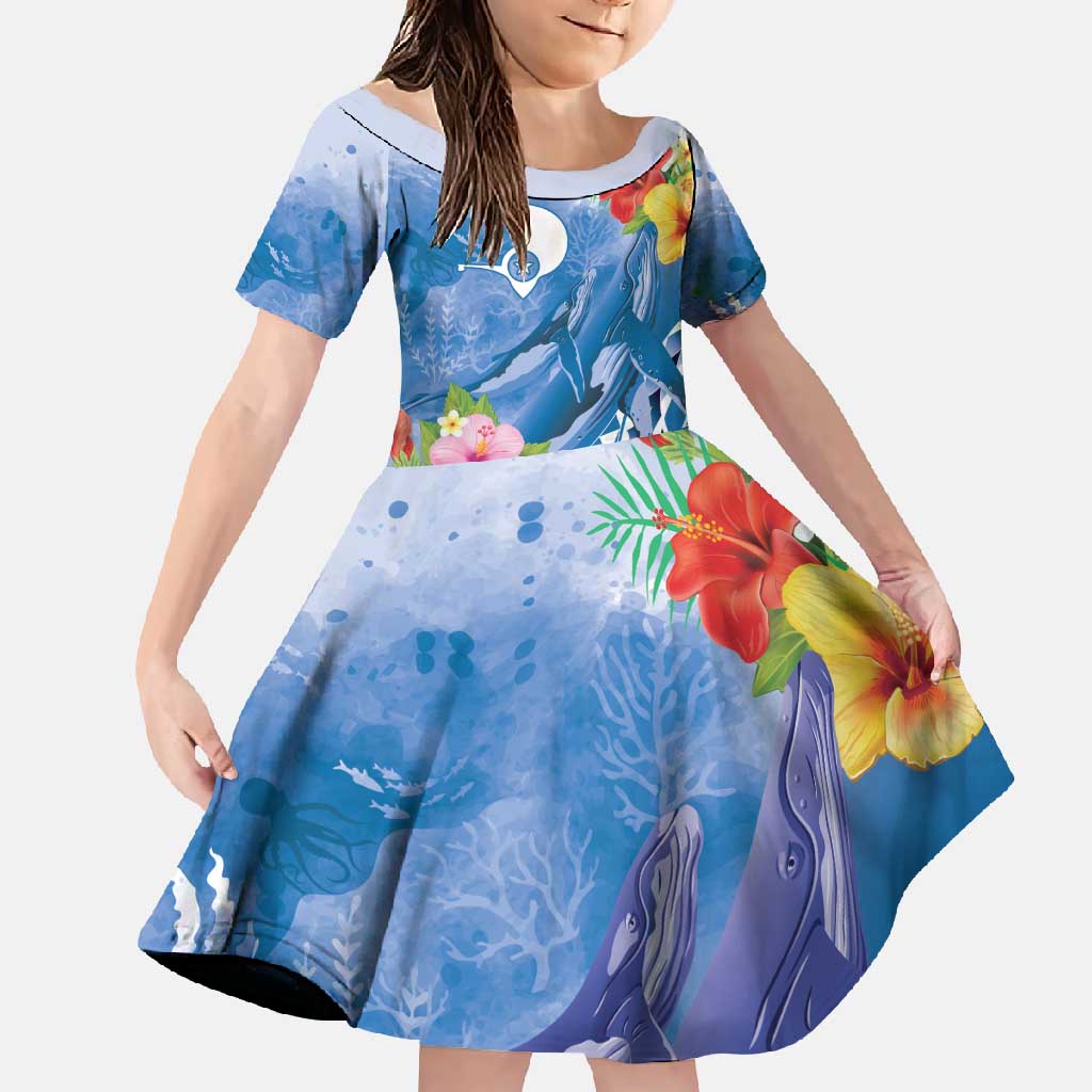 Personalised Yap States Humpback Whale Family Matching Off Shoulder Maxi Dress and Hawaiian Shirt Polynesian Tropical Flowers LT9 Daughter's Dress Blue - Polynesian Pride