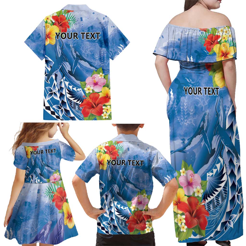 Personalised Yap States Humpback Whale Family Matching Off Shoulder Maxi Dress and Hawaiian Shirt Polynesian Tropical Flowers LT9 - Polynesian Pride