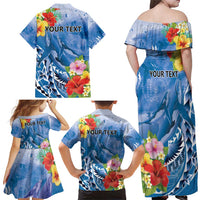Personalised Yap States Humpback Whale Family Matching Off Shoulder Maxi Dress and Hawaiian Shirt Polynesian Tropical Flowers LT9 - Polynesian Pride