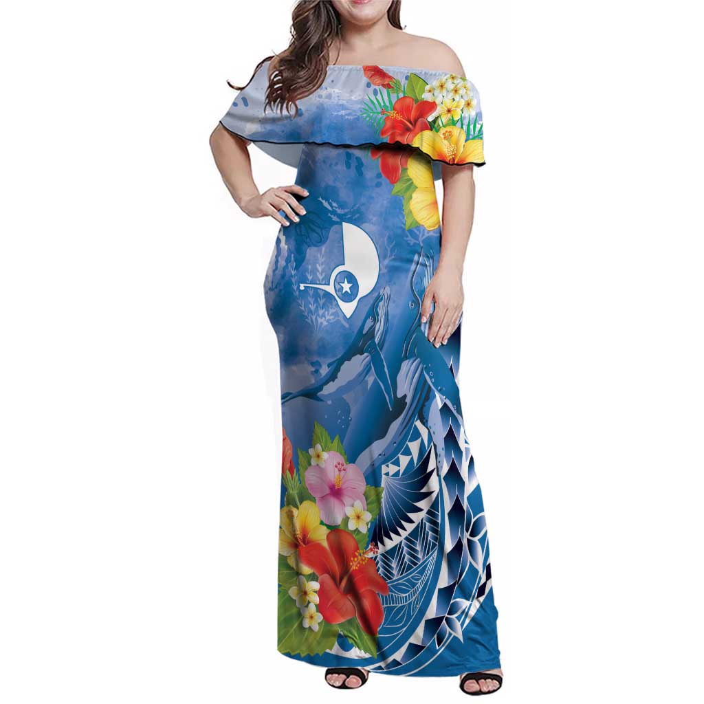 Personalised Yap States Humpback Whale Family Matching Off Shoulder Maxi Dress and Hawaiian Shirt Polynesian Tropical Flowers LT9 Mom's Dress Blue - Polynesian Pride
