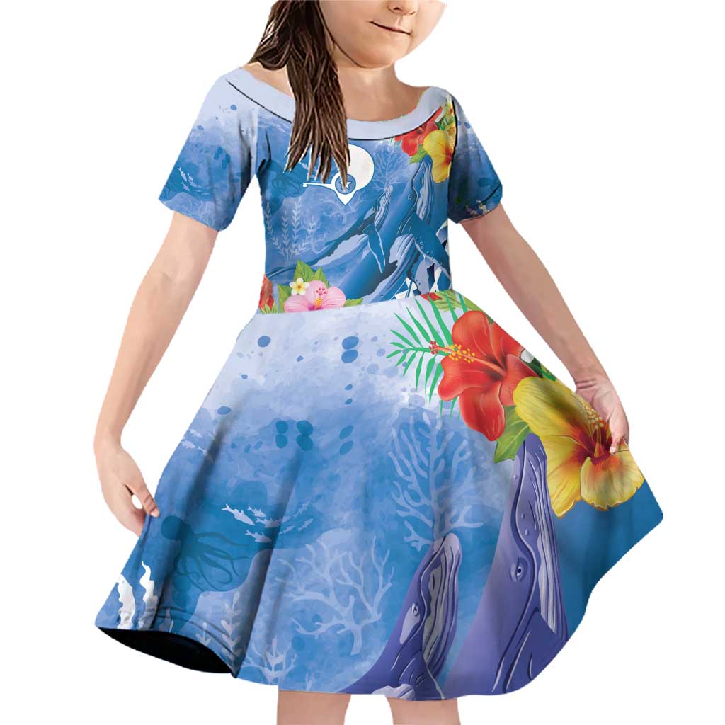 Personalised Yap States Humpback Whale Family Matching Off Shoulder Short Dress and Hawaiian Shirt Polynesian Tropical Flowers LT9 Daughter's Dress Blue - Polynesian Pride