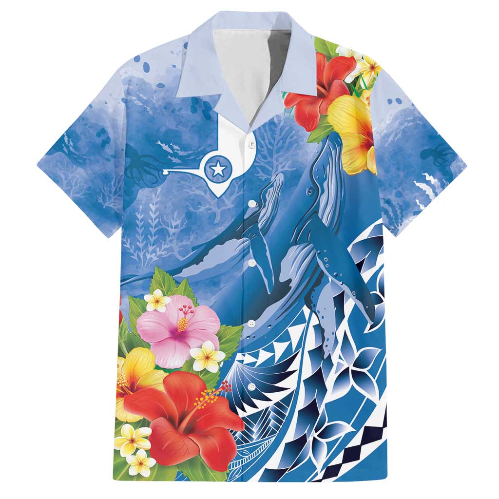 Personalised Yap States Humpback Whale Family Matching Off Shoulder Short Dress and Hawaiian Shirt Polynesian Tropical Flowers LT9 Dad's Shirt - Short Sleeve Blue - Polynesian Pride