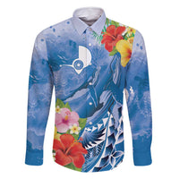Personalised Yap States Humpback Whale Family Matching Off Shoulder Short Dress and Hawaiian Shirt Polynesian Tropical Flowers LT9 Dad's Shirt - Long Sleeve Blue - Polynesian Pride