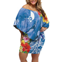 Personalised Yap States Humpback Whale Family Matching Off Shoulder Short Dress and Hawaiian Shirt Polynesian Tropical Flowers LT9 Mom's Dress Blue - Polynesian Pride