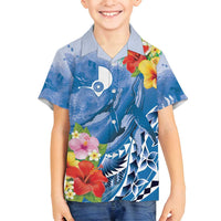 Personalised Yap States Humpback Whale Family Matching Off Shoulder Short Dress and Hawaiian Shirt Polynesian Tropical Flowers LT9 Son's Shirt Blue - Polynesian Pride
