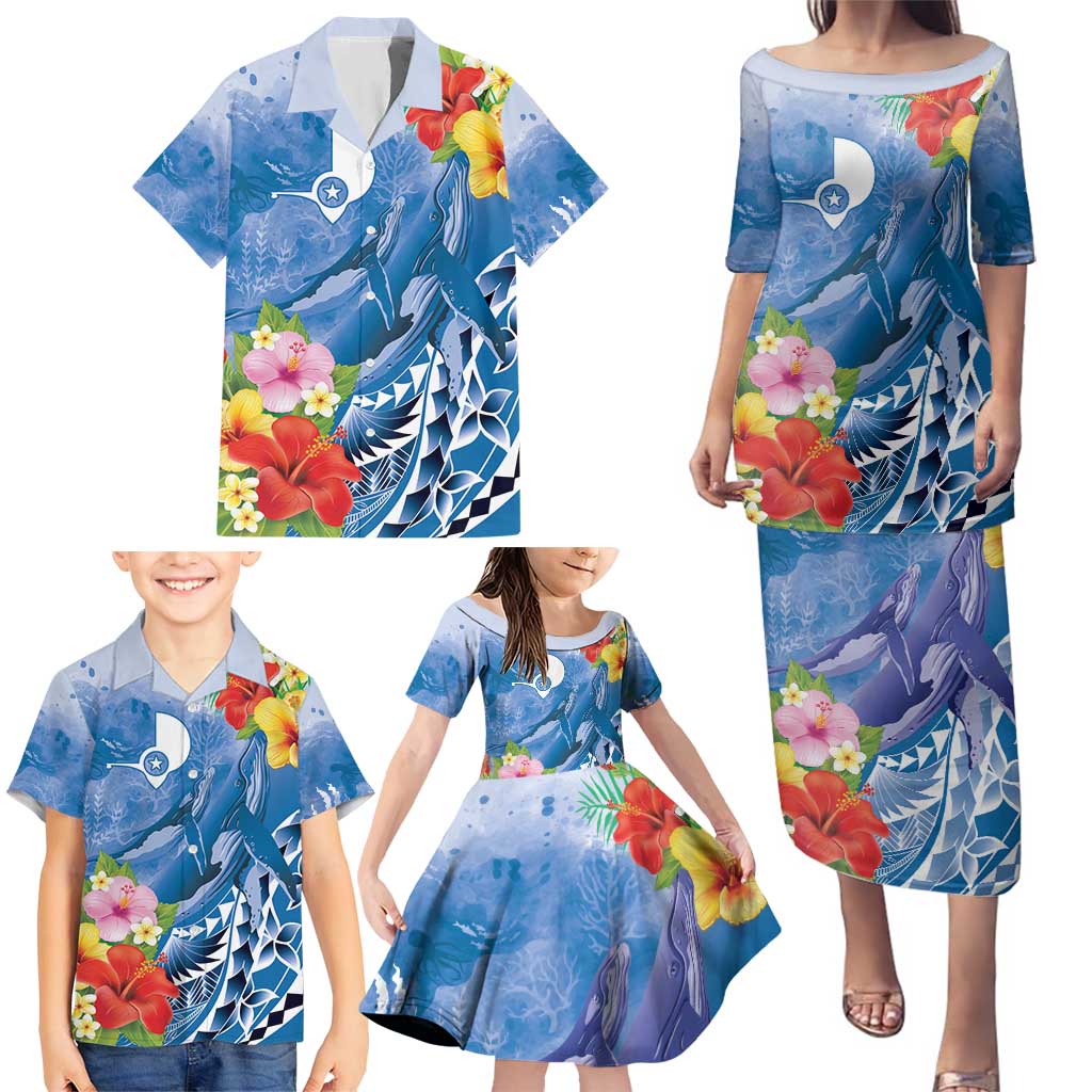 Personalised Yap States Humpback Whale Family Matching Puletasi and Hawaiian Shirt Polynesian Tropical Flowers LT9 - Polynesian Pride