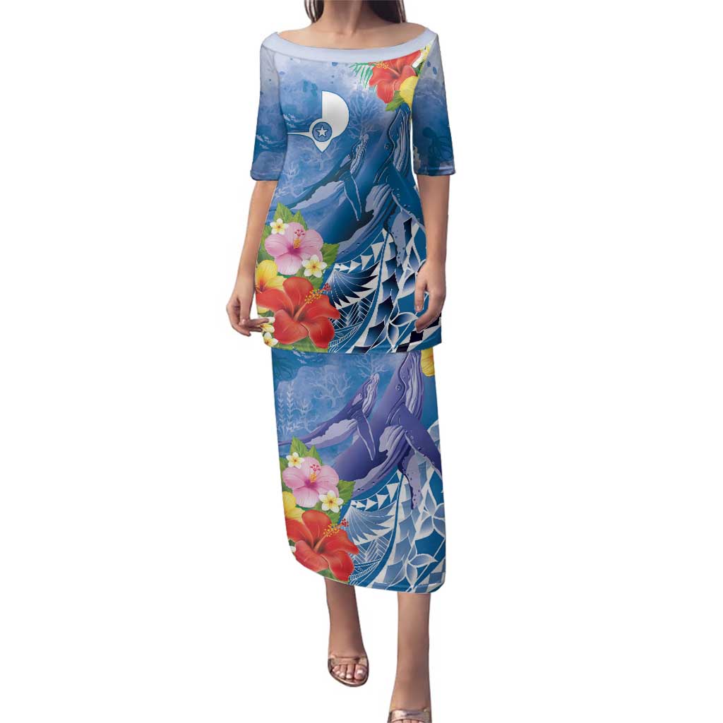 Personalised Yap States Humpback Whale Family Matching Puletasi and Hawaiian Shirt Polynesian Tropical Flowers LT9 Mom's Dress Blue - Polynesian Pride