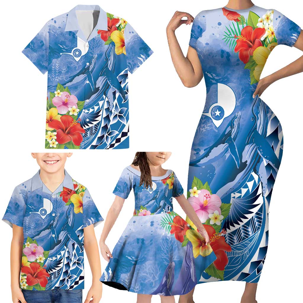 Personalised Yap States Humpback Whale Family Matching Short Sleeve Bodycon Dress and Hawaiian Shirt Polynesian Tropical Flowers LT9 - Polynesian Pride