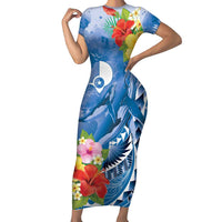 Personalised Yap States Humpback Whale Family Matching Short Sleeve Bodycon Dress and Hawaiian Shirt Polynesian Tropical Flowers LT9 Mom's Dress Blue - Polynesian Pride