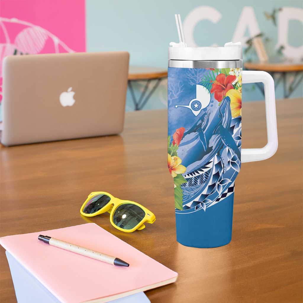 Personalised Yap States Humpback Whale Tumbler With Handle Polynesian Tropical Flowers